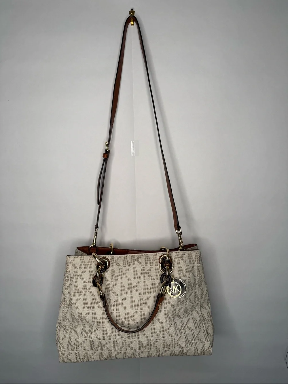 Michael Kors Cream Logo Tote with Brown Leather Straps